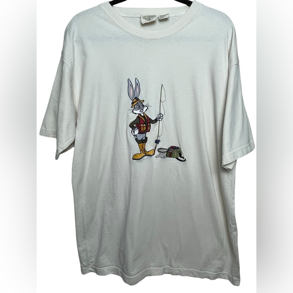Vtg Acme Studios Looney Tunes 1991 Embroidered Bugs Bunny Fishing SS T-Shirt L